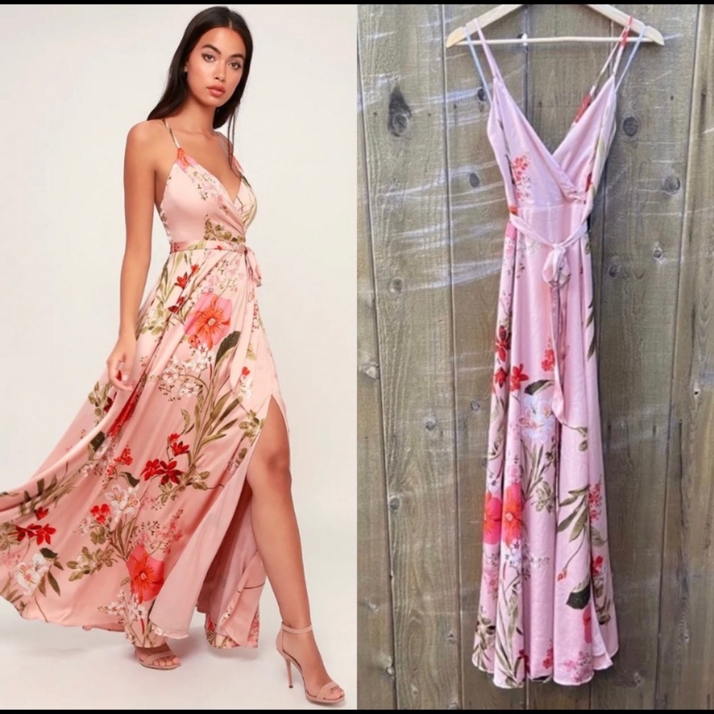 Blush Pink Floral Satin Backless Faux Wrap Dress 🌿